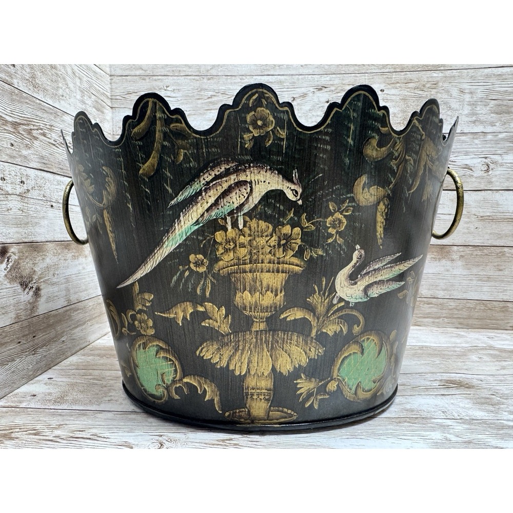 Vintage Monteith Sarreid Chinoiserie Toleware Planter Black Gold Tole Cachepot